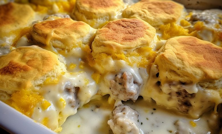 Biscuits and Gravy with Sausage and Egg Breakfast Casserole