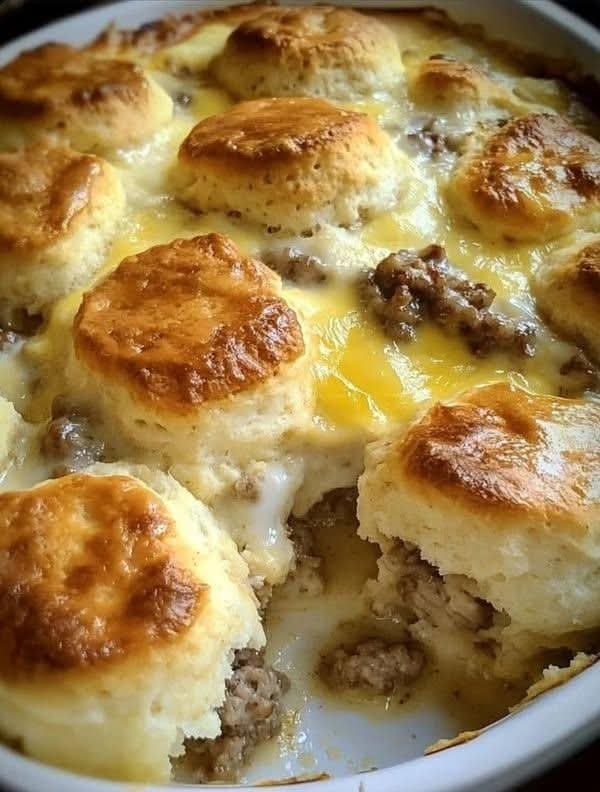 I got this biscuits and gravy casserole recipe at a church potluck