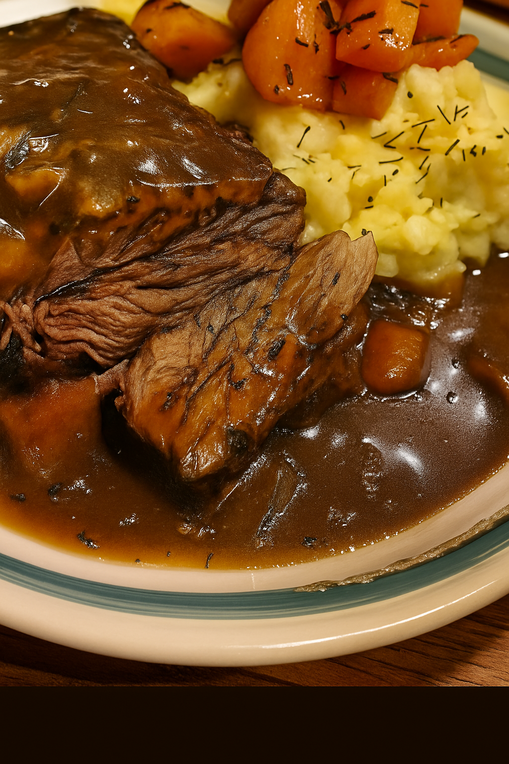 Ultimate Slow-Cooked Pot Roast with Mashed Potatoes & Glazed Carrots