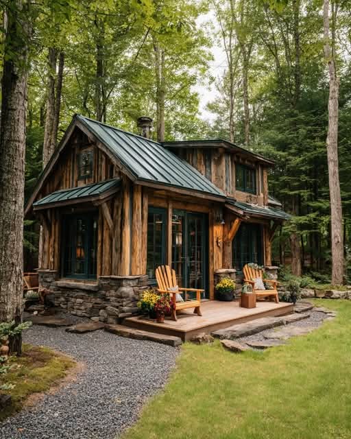 Explore this cozy cabin-style tiny home tucked in the heart of the forest. Inside awaits a stunning surprise.