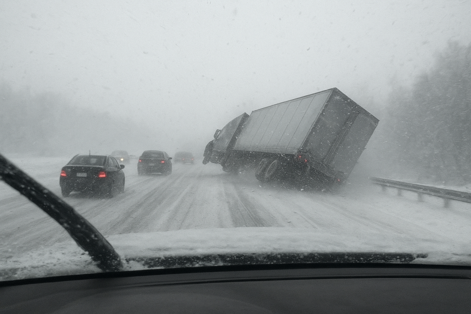 Winter Highway Truck Crash in the Snow