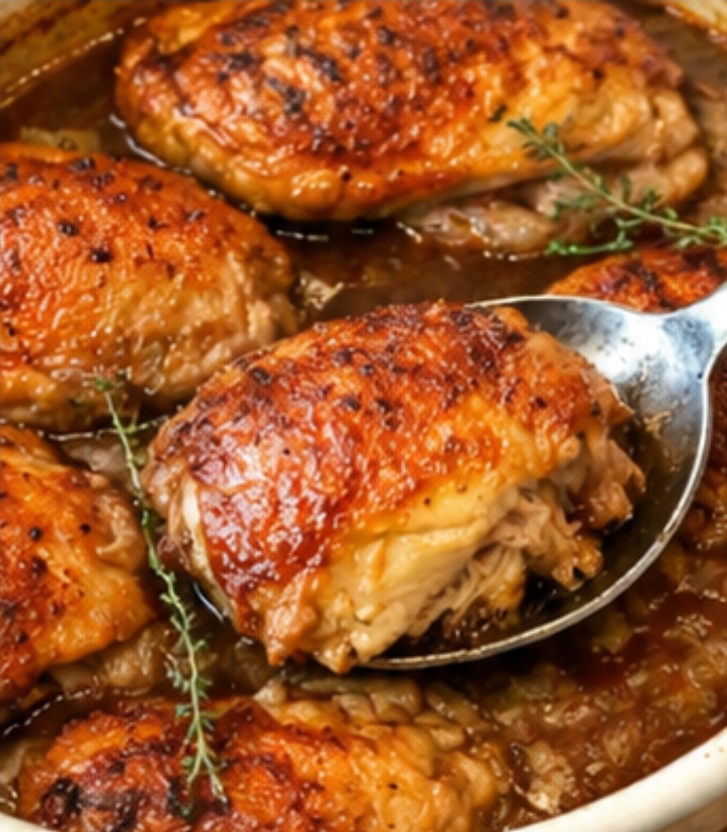Crispy Baked Chicken Thighs with Rich Onion Gravy